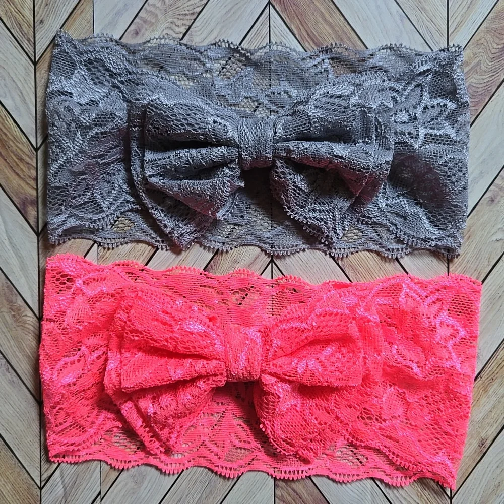 Kids Lace Bowknot Gray Coral Headbands Elastic Bow Headwrap Girls Hairbands